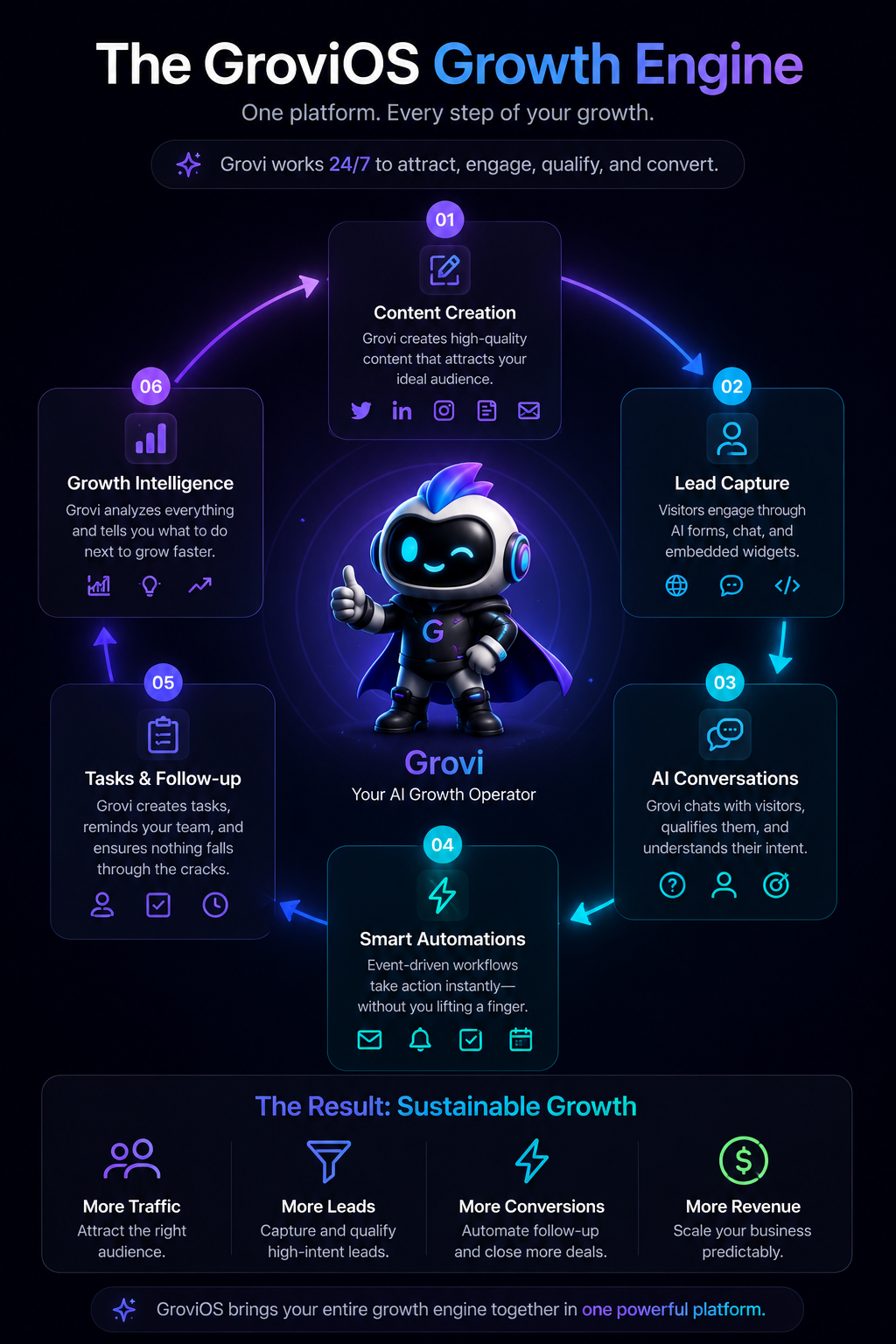 The GroviOS Growth Engine — content, lead capture, AI conversations, automations, tasks, and growth intelligence connected in one loop.